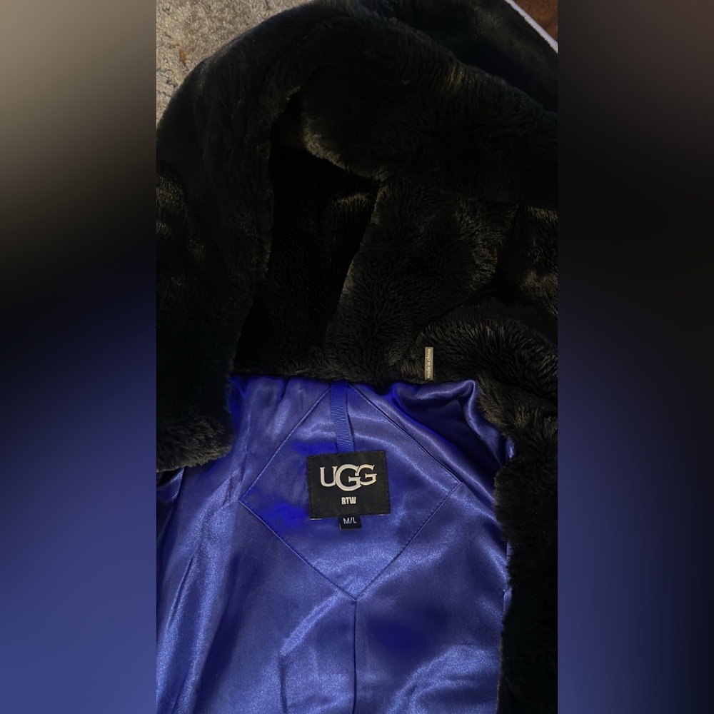 UGG Womens KoKo  oversized Black Faux Fur coat with Blue Lining
